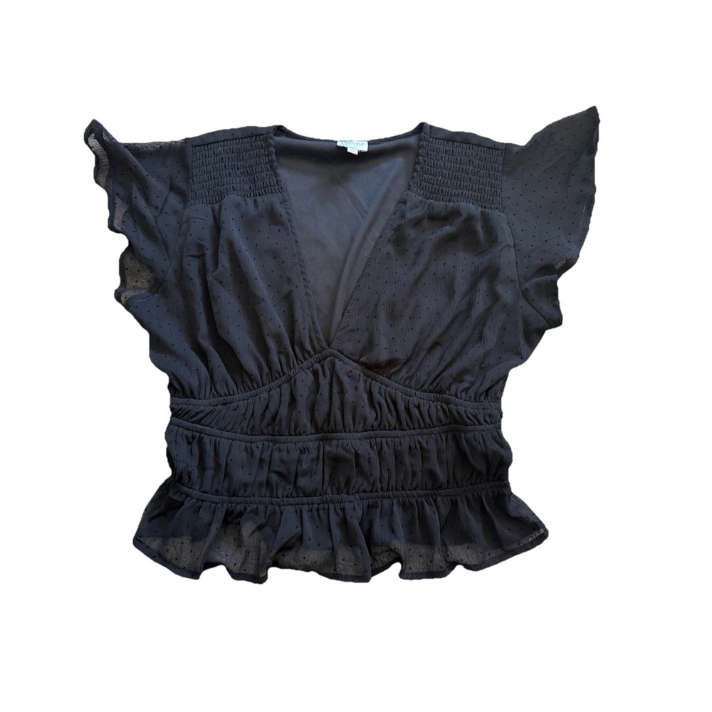 Blue Rein Francesca's Black Swiss Dot Cambella Smocked Peplum‎ Blouse Small